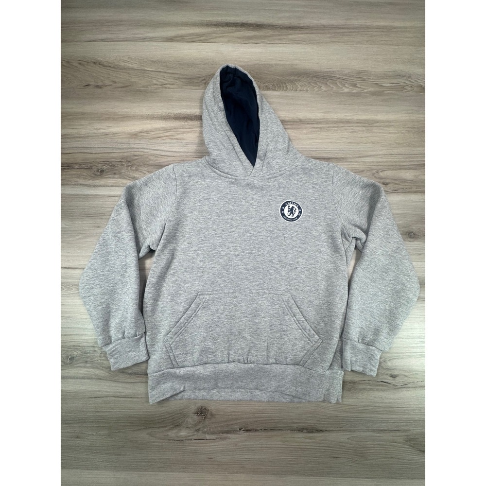 Chelsea FC Kids Hoodie Heather Gray Navy Blue Lined Fleece Pullover no size tag
